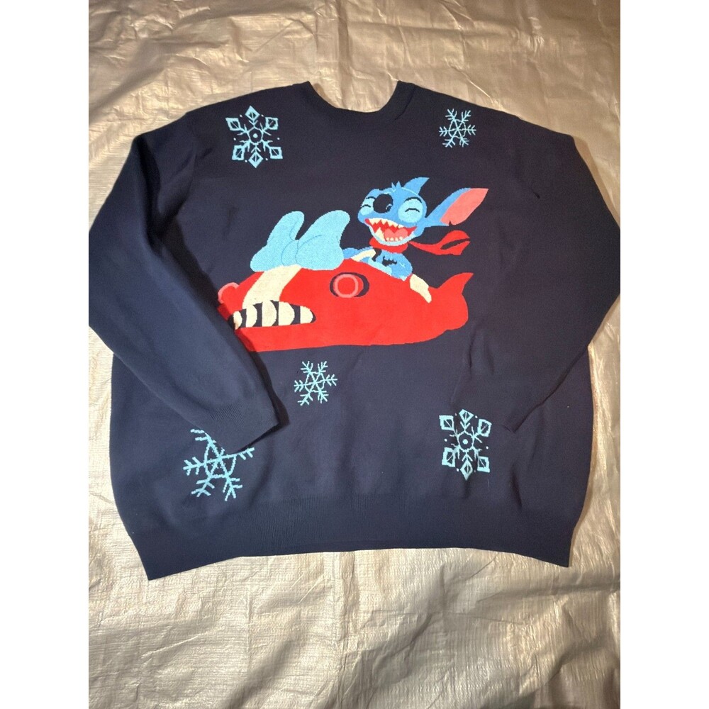 Disney Parks Stitch Red Spaceship Christmas Ugly Sweater Mens 3XL Navy Blue Knit